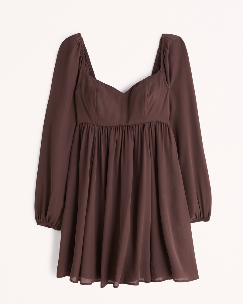 Long-Sleeve Babydoll Mini Dress Brown Dress Dresses Fall Outfits 2022 Abercrombie Dress | Abercrombie & Fitch (US)