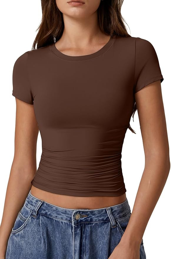 QINSEN Short Sleeve Shirts for Women Round Neck Basic Double Lined Tees Fitted Y2k Crop Tops | Amazon (US)
