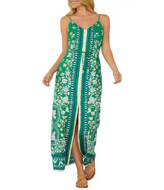 Skies Are Blue Floral Border Print Button Front V-Neck Sleeveless Maxi Dress | Dillard's | Dillard's