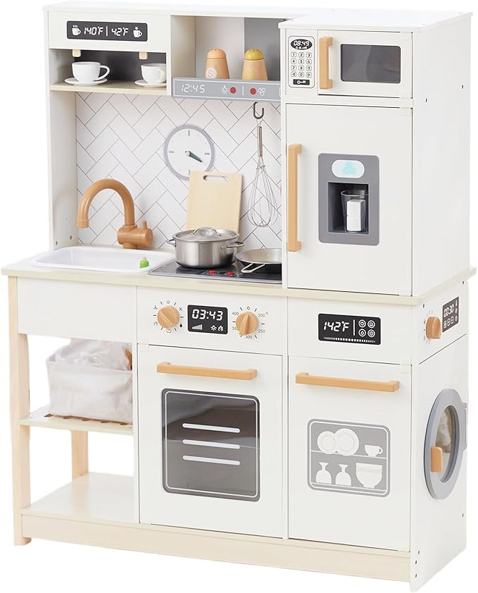 Freniland Wooden Play Kitchen, Kids Kitchen Playset with Real Light & Sound, Realistic Ice Maker,... | Amazon (US)