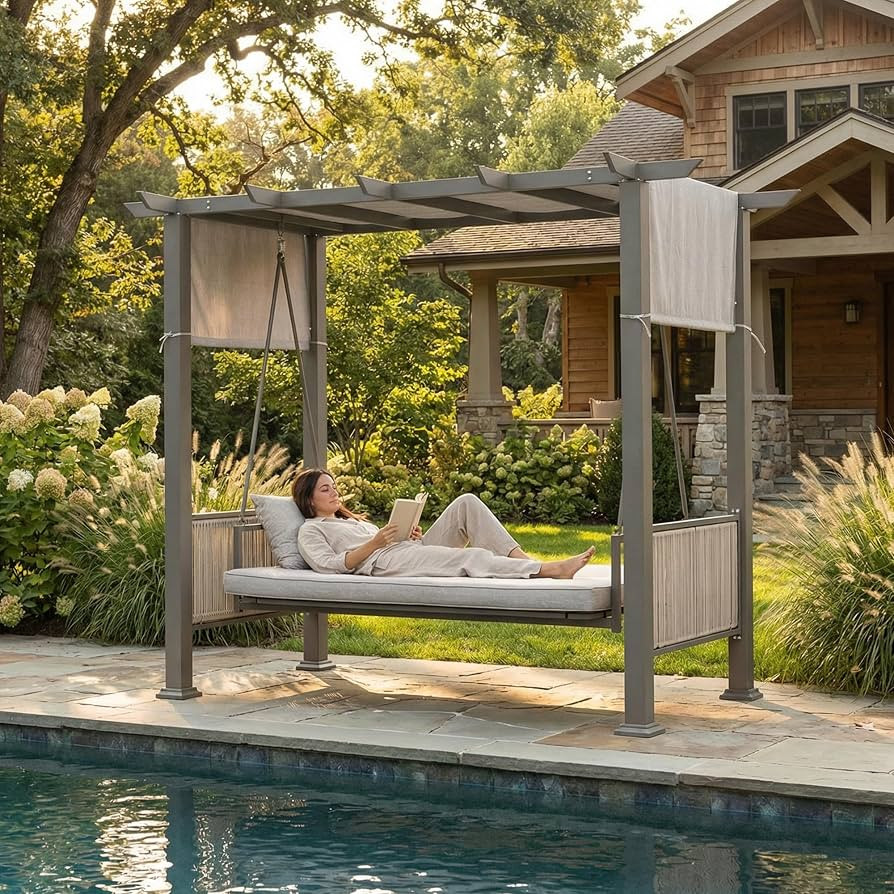 3-4 Seat Porch Swing Bed, 2-in-1 Pergola Swing Bench, Garden Swing | Amazon (US)