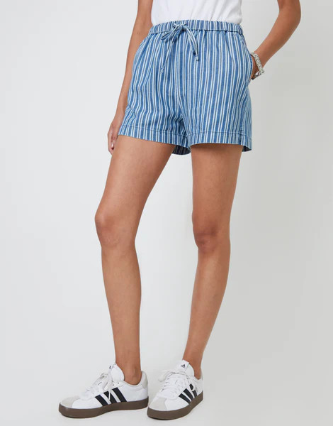 Threadbare Women's Mid Wash Striped Pull On Denim Shorts | Threadbare