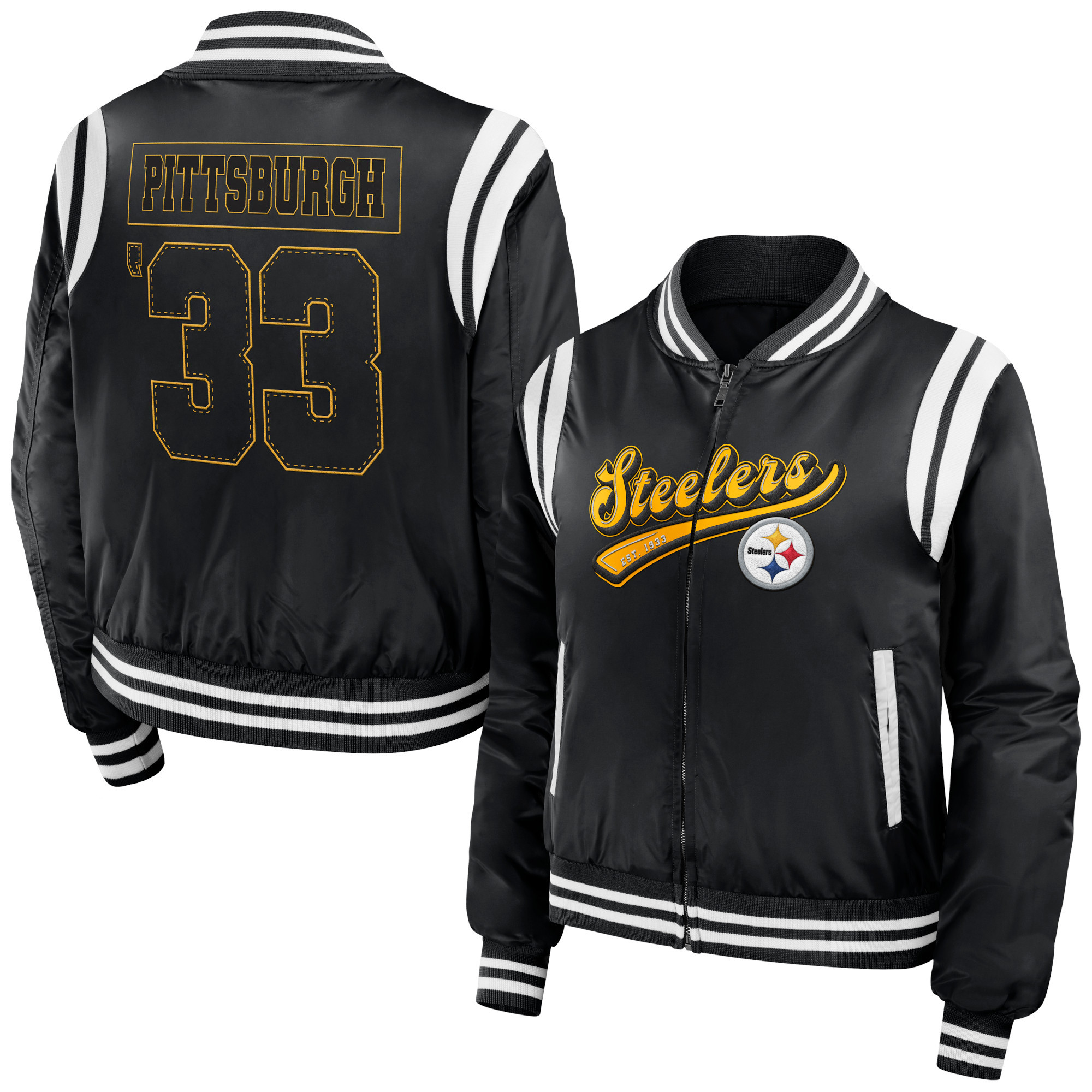 Women's WEAR by Erin Andrews Black Pittsburgh Steelers Bomber Full-Zip Jacket | Fanatics