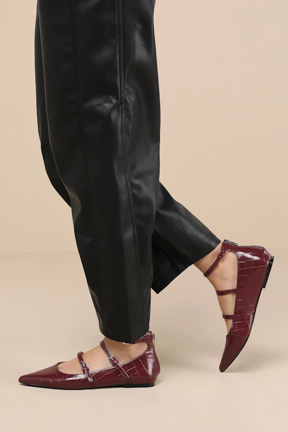 Paysen Burgundy Crocodile-Embossed Ankle Strap Ballet Flats | Lulus