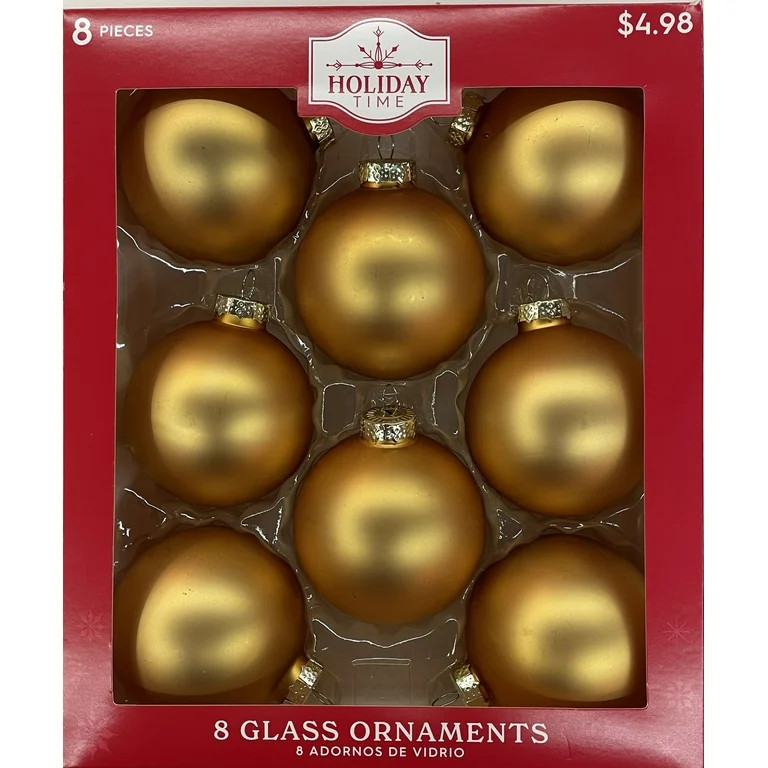 Holiday Time Solid Glass Ball Christmas Ornaments, 2 5/8" (67MM), 8 Count, Boxed Glass, Matte Gol... | Walmart (US)