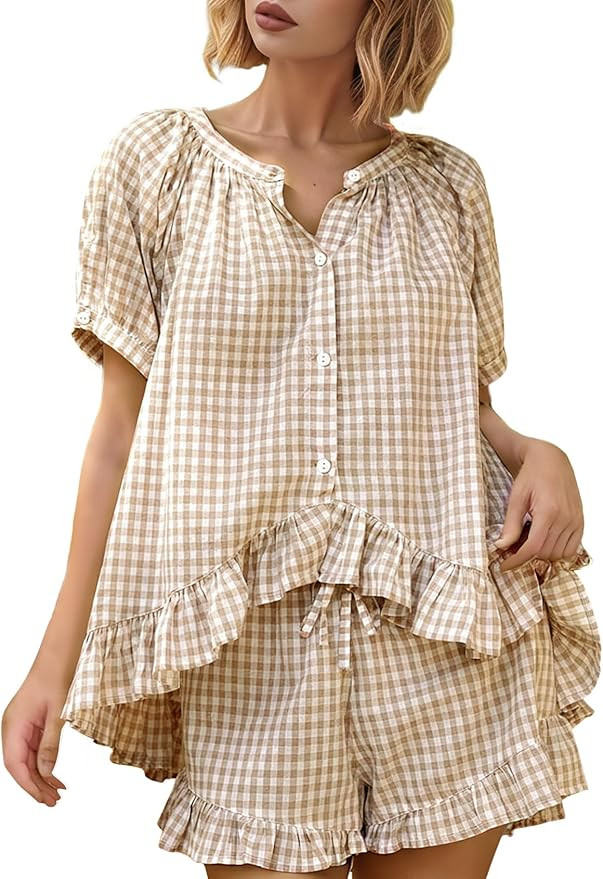 Yimoon Womens Gingham Pajamas Set Plaid Cotton Pj Set Puff Sleeve Ruffle Babydoll Shirt Shorts Su... | Amazon (US)