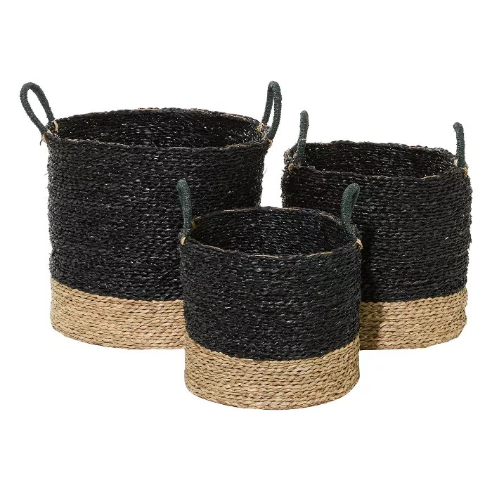 Olivia & May 14"x16"x18" Set of 3 Natural Woven Round Seagrass Baskets with Handles Black | Target
