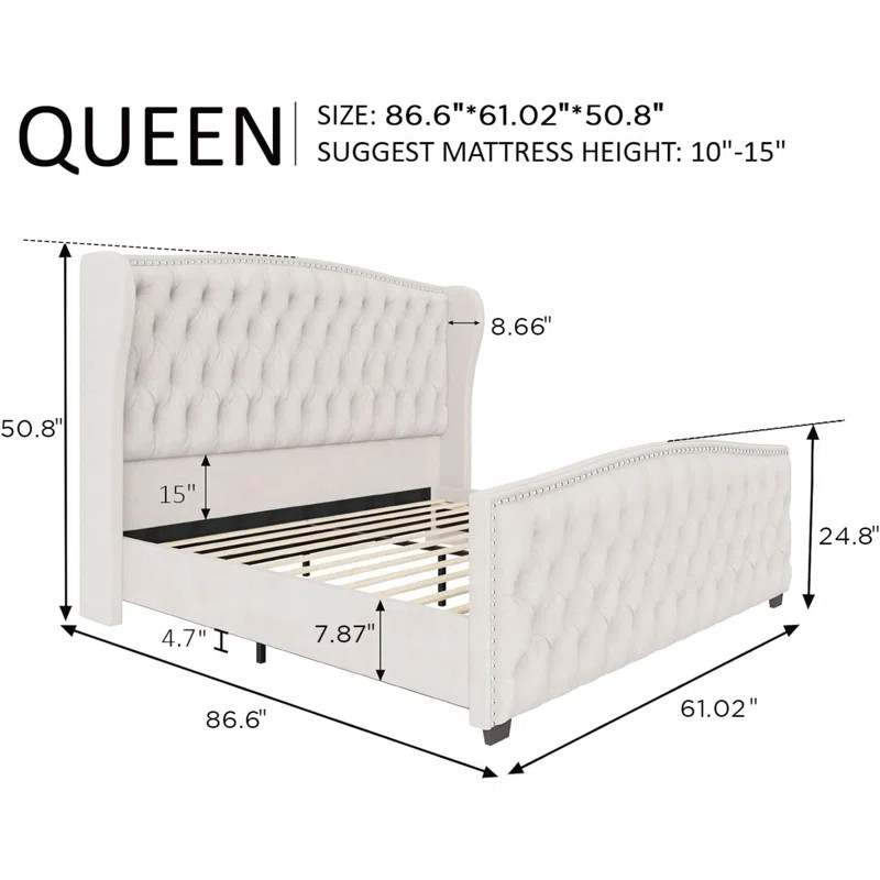 DuJuan Deep Button Tufted Upholstered Queen Bed with Nailhead Trim Wingback Headboard, Cream | Wayfair North America