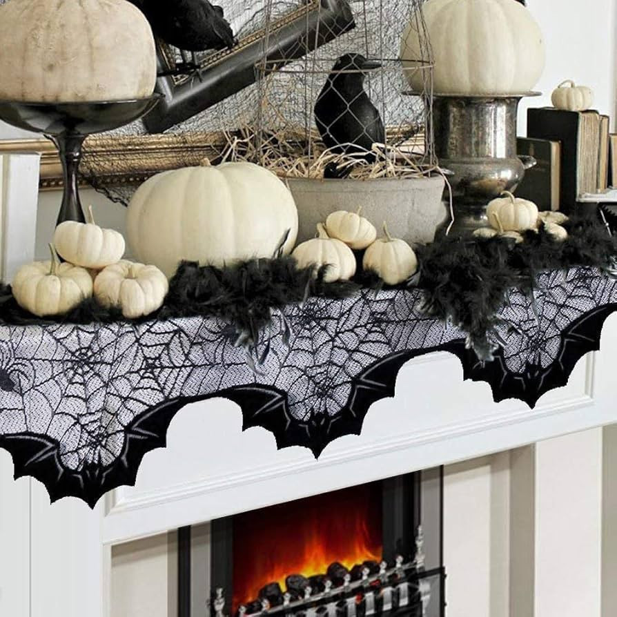 FunisFun Halloween Fall Thanksgiving Lace Fireplace Mantle Scarf Cover, Cloth Runner Door Window ... | Amazon (US)