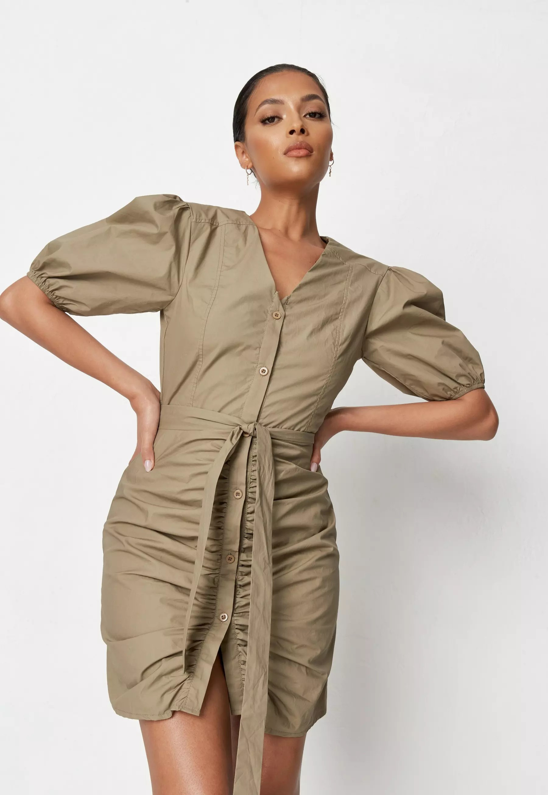 Khaki Poplin Puff Sleeve Ruched Shirt Dress | Missguided (US & CA)