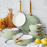 Reserve Ceramic Nonstick 10-Piece Cookware Set | Sage with Gold-Tone Handles | GreenPan