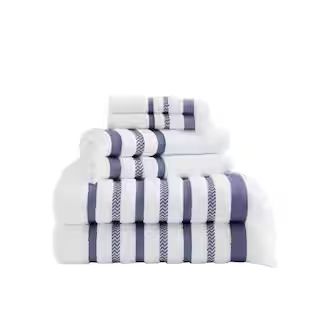 Turkish Cotton White and Lake Blue Stripe 6-Piece Fringe Bath Towel Set | The Home Depot