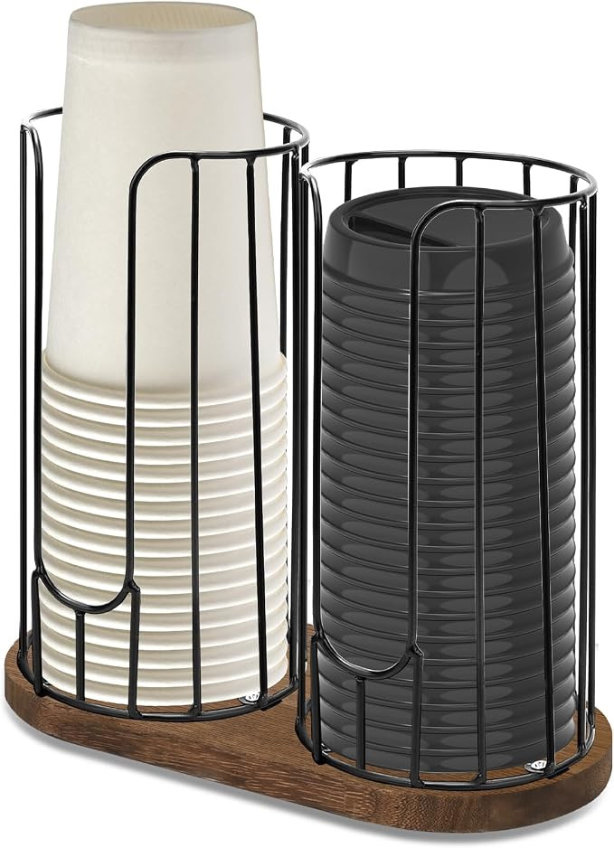 2-Compartment 18oz Coffee Cup Dispenser Rack with Wood Base, Disposable Cup, and Lid Organizer fo... | Amazon (US)