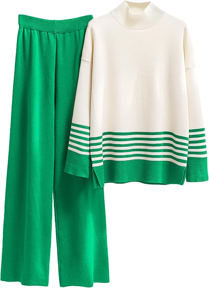 ELLENWELL 2023 Casual Sweater Sets Women 2 piece Outfits Long Sleeve Striped Pullover Top Wide Le... | Amazon (US)
