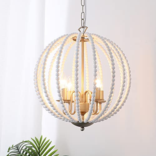 ANQIANYUE White Wood Beaded Chandelier 4-Light, French Country Farmhouse Chandelier with E12 Base and Adjustable Chain for Dining Room Foyer Bedroom Kitchen Island | Amazon (US)