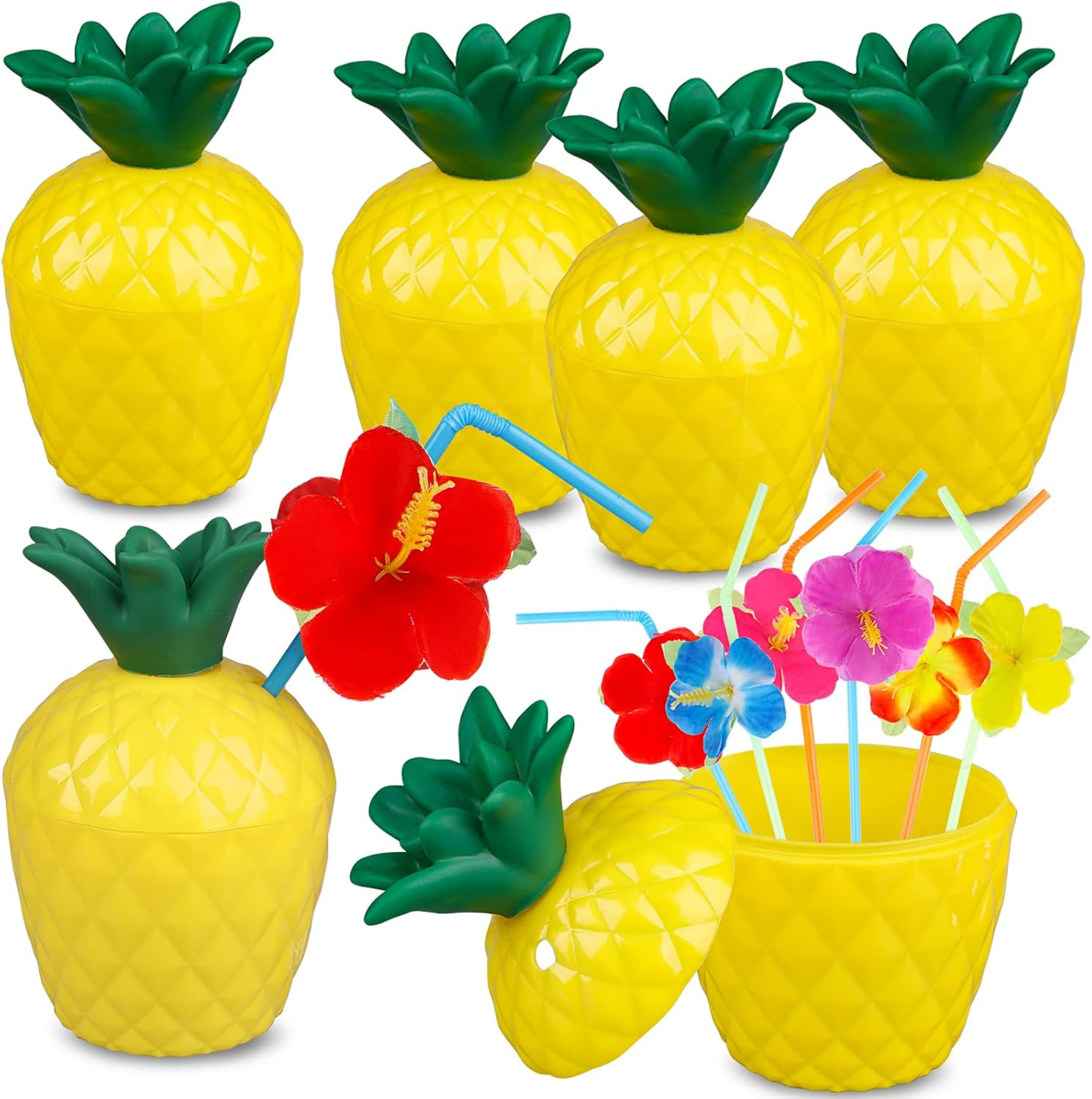 6-Pack Pineapple Cups for Hawaiian Luau Party with 12 Flower Straws Pineapple Drink Cups Lids Foo... | Amazon (US)