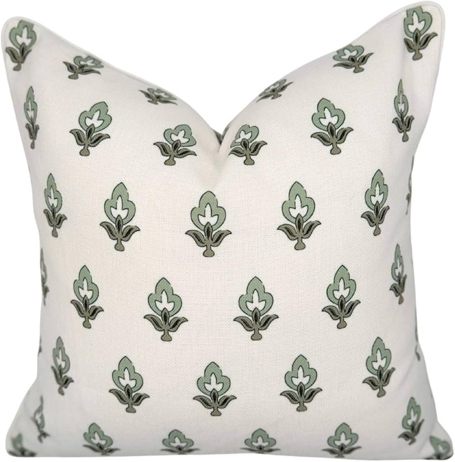 “The Poppy” Floral Block Print Pillow Cover – Green Leaf Decorative Festive Throw Pillow Co... | Amazon (US)