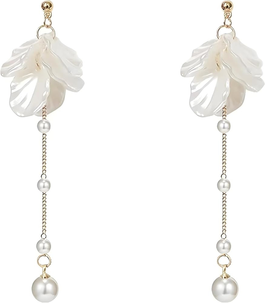 Flower Earrings for Women Elegant Shell shaped white petal tassel Spring Dangle Drop earrings Cha... | Amazon (US)