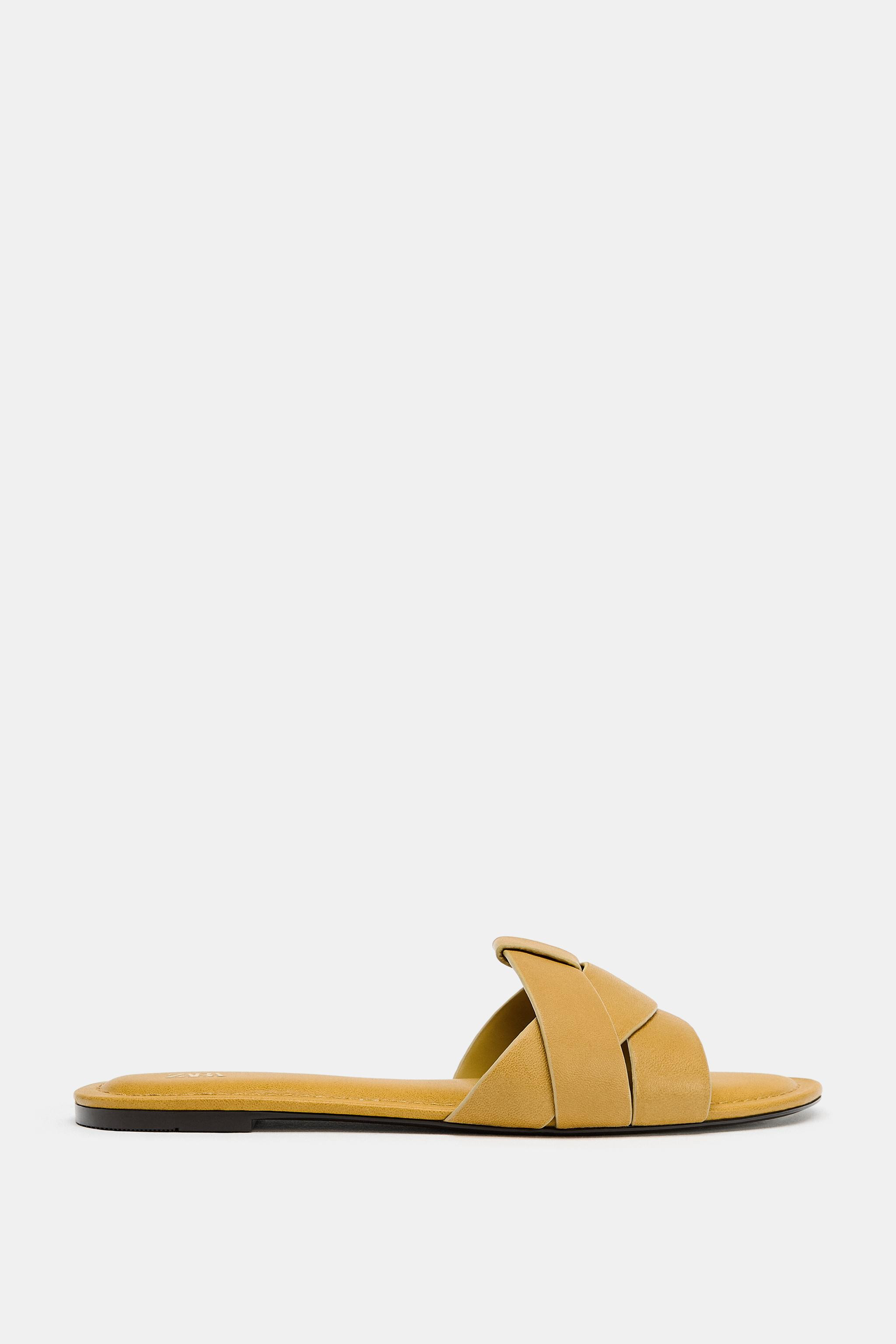 LEATHER CROSSED STRAP FLAT SANDALS | Zara US