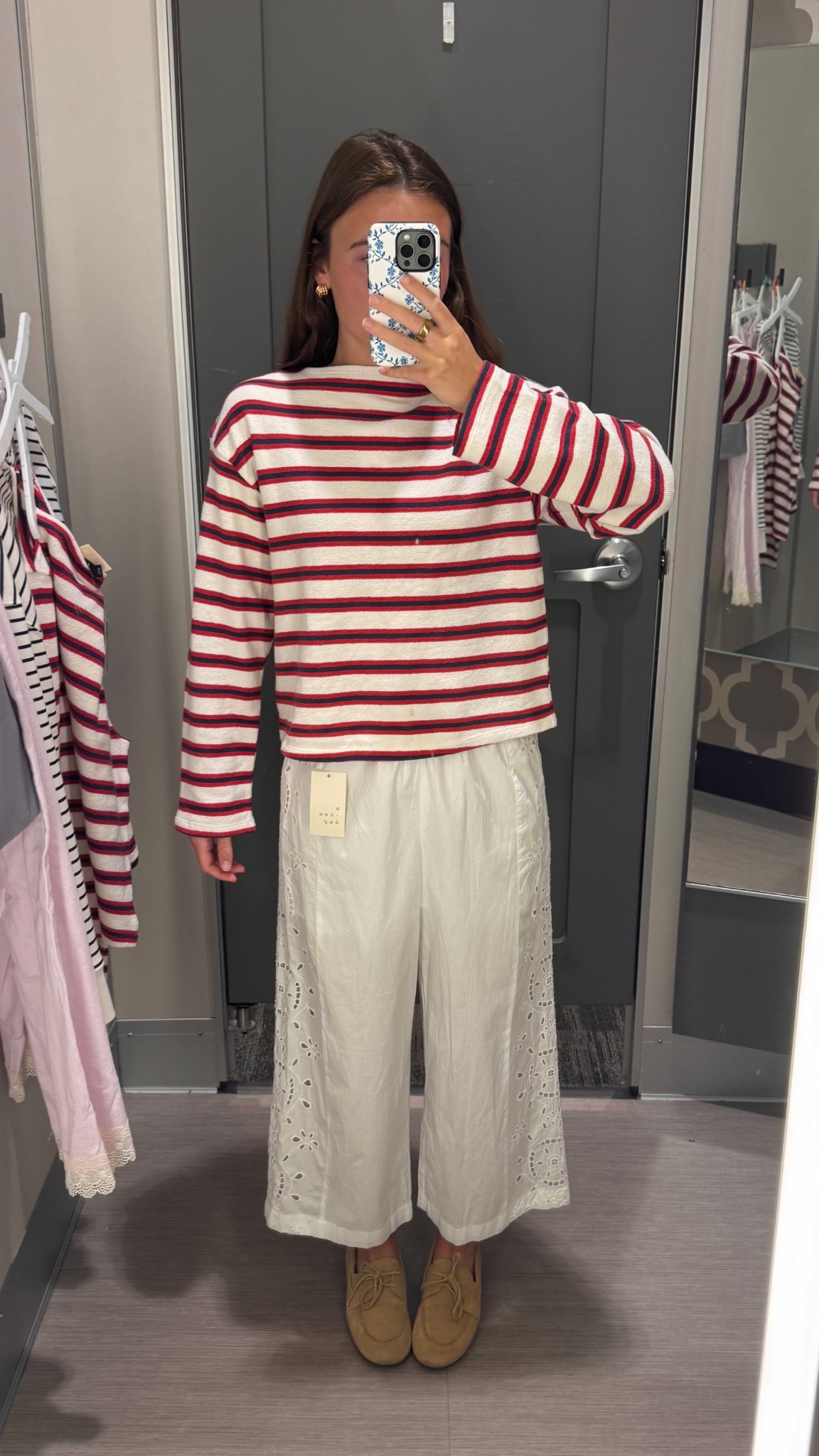 Eyelet cotton pants perfect for boating weather!! They have built in shorts that I would just take out, and wear over swimsuit, since it’s the perfect fabric to quick dry/light on hot days (wearing my usual size) Terry boatneck top also in my usual size, xs! 