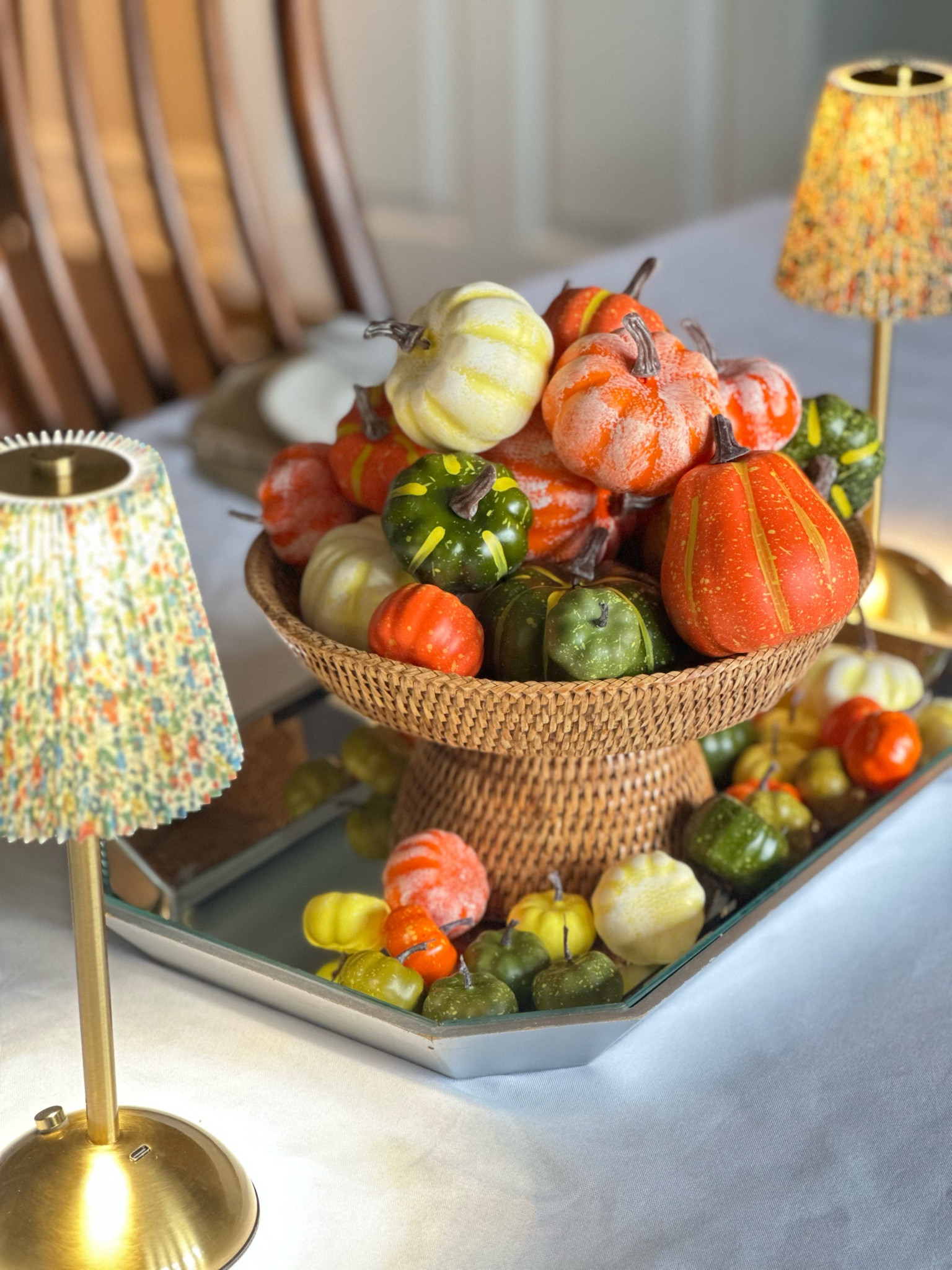 The Thanksgiving table scape-order today- these were available for one day delivery! Cordless table lamps , faux pumpkins, elevated rattan bowl 

#LTKHoliday #LTKGiftGuide #LTKCyberWeek