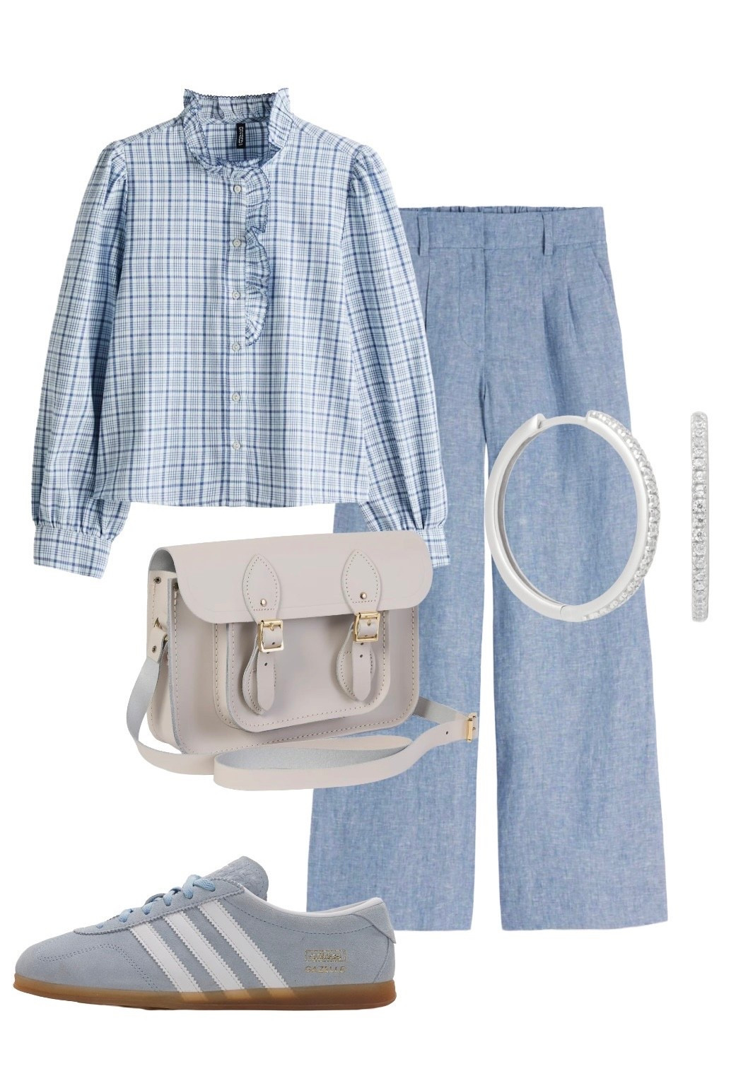 Spring daywear styling with retro vibes! 

Blue check blouse - new H&M (selling fast)

Kensington Wide Leg Trousers in Chambray Blue Linen - new in at Boden Clothing (20% off until Sunday)

11 Inch Satchel Bag in Clay - Cambridge Satchel Company (on 50% off sale)

Essential Large Silver Hoop Earrings - Astrid & Miyu

Gazelle Lo Pro Blue Trainers - Adidas 

#LTKspring #LTKeurope #LTKuk