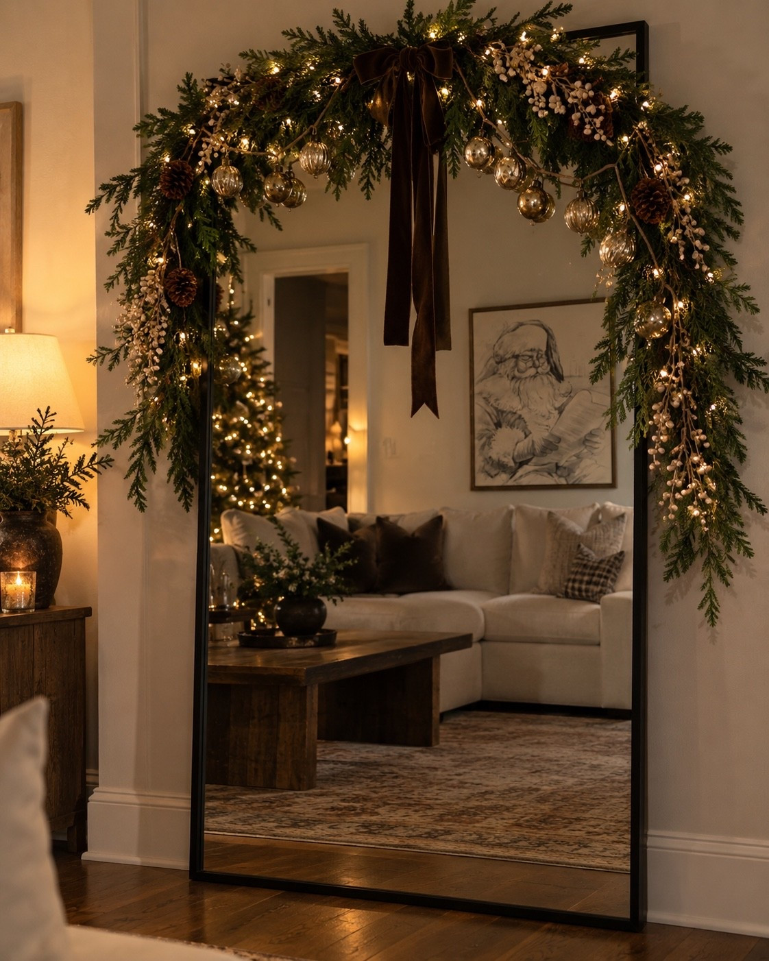 Christmas, but make it warm, collected & cozy 🤎🎄✨ I love how the layered greenery, vintage-inspired gold ornaments, soft berry stems and chocolate velvet ribbon completely transform a simple floor mirror. Add the warm lights and it feels like Christmas throughout the entire room.

Everything you need to recreate the look is linked! 🤎

#ChristmasDecor #WalmartChristmas #ChristmasInspo #NeutralChristmas #CozyChristmas

#LTKSaleAlert #LTKSeasonal #LTKHome
