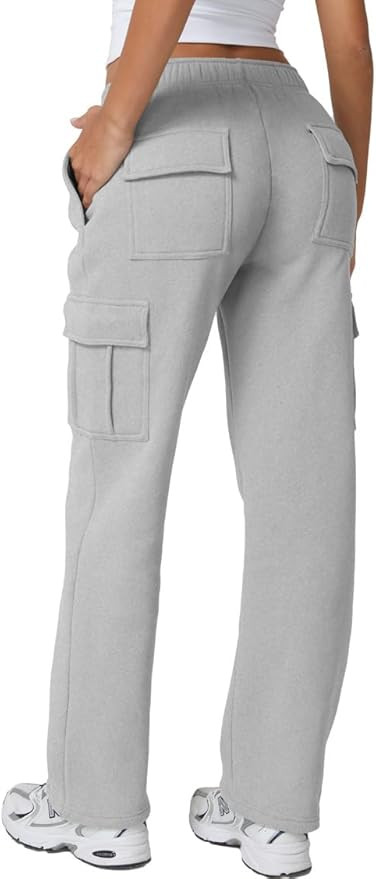 QINSEN Womens Medium Waist Baggy Elastic Waist Sweatpants Casual Fleece Long Pants with Pockets | Amazon (US)