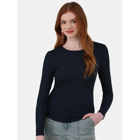 No Boundaries Ribbed Crewneck Tee with Long Sleeves, 1 or 2-Pack, Women's & Women's Plus | Walmart (US)