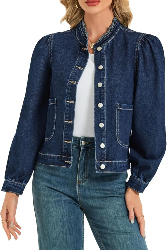 LifeShe Puff Sleeve Denim Jacket for women Ruffle Neck Jean Jacket Trendy 2025 Fall boyfriend Sha... | Amazon (US)