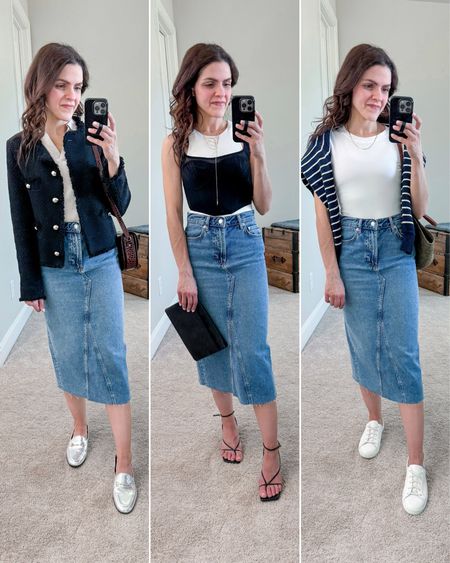 Three fun ways to style a denim midi skirt for Spring | all fit tts

lady jacket
polo sweater
metallic loafers 
—
high neck bodysuit
mesh corset top
black strap heel sandals 
—
tee bodysuit 
Striped sweater
D’orsay white sneakers 

#LTKstyletip