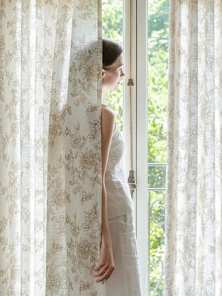 THREE GIRLS Pinch Pleated Sheer Floral Curtains - Luxury Linen Blend Light Filtering Beige Drapes... | Amazon (US)