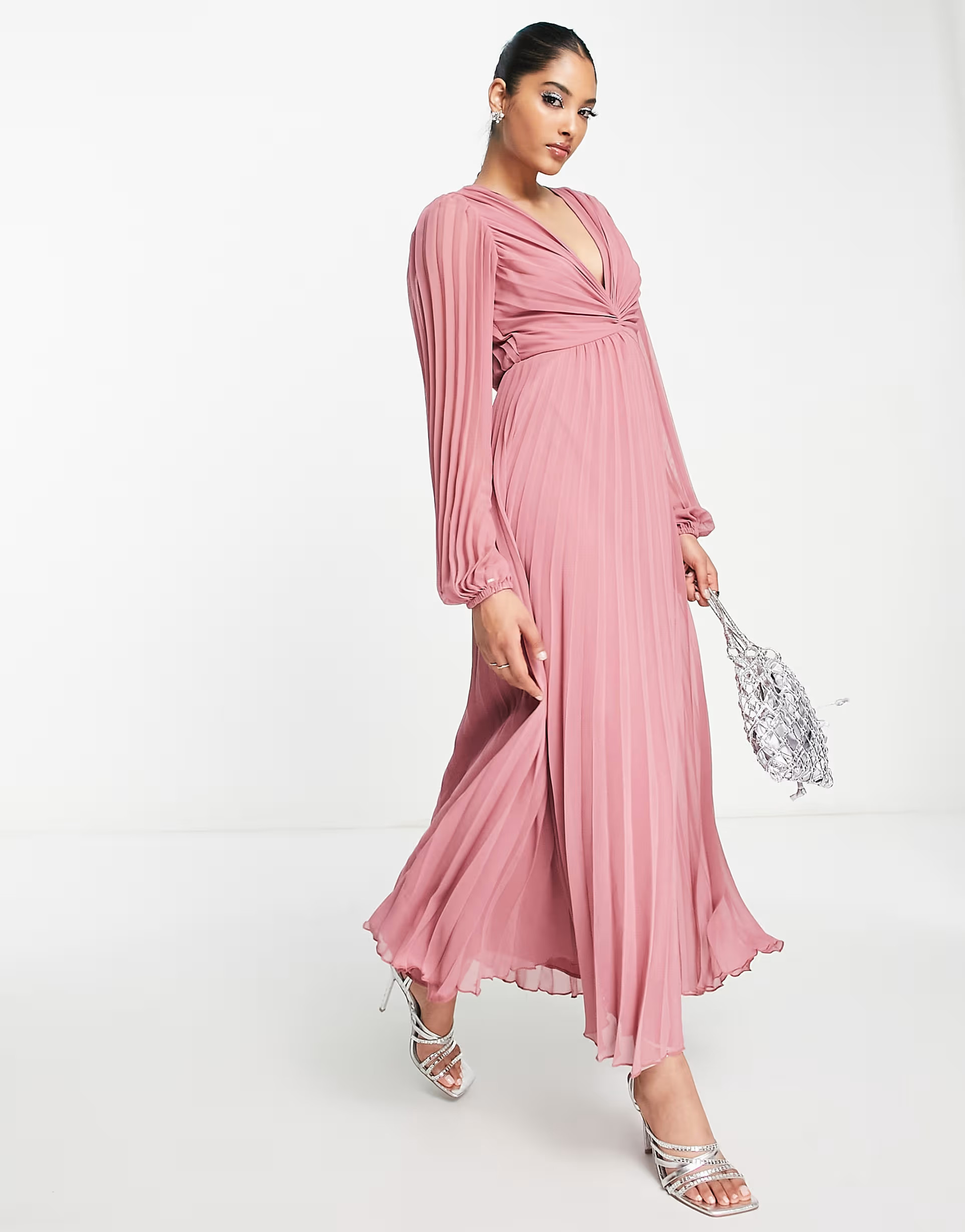 ASOS DESIGN pleated bodice plunge neck midi dress in rose | ASOS (Global)