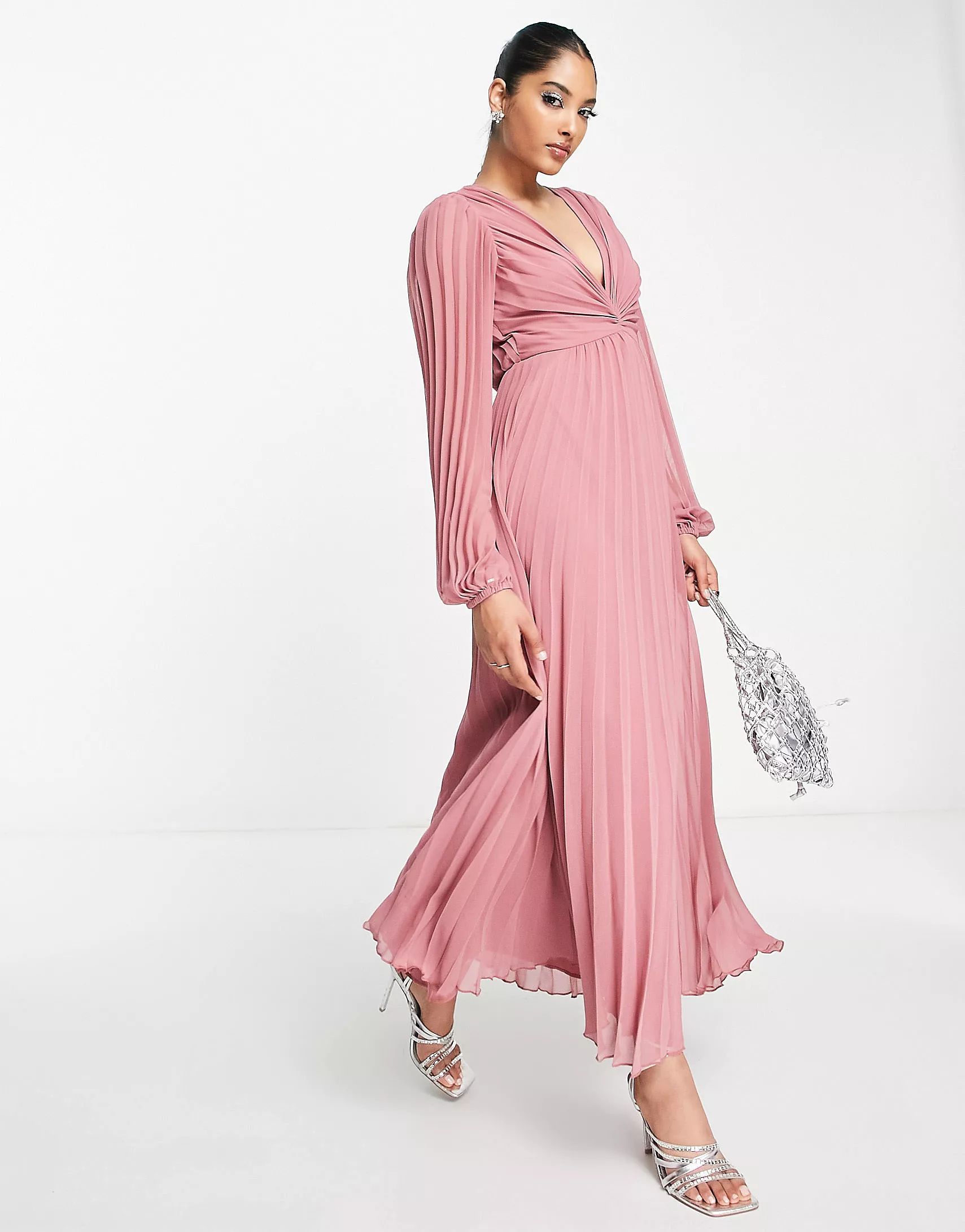 ASOS DESIGN pleated bodice plunge neck midi dress in rose | ASOS (Global)