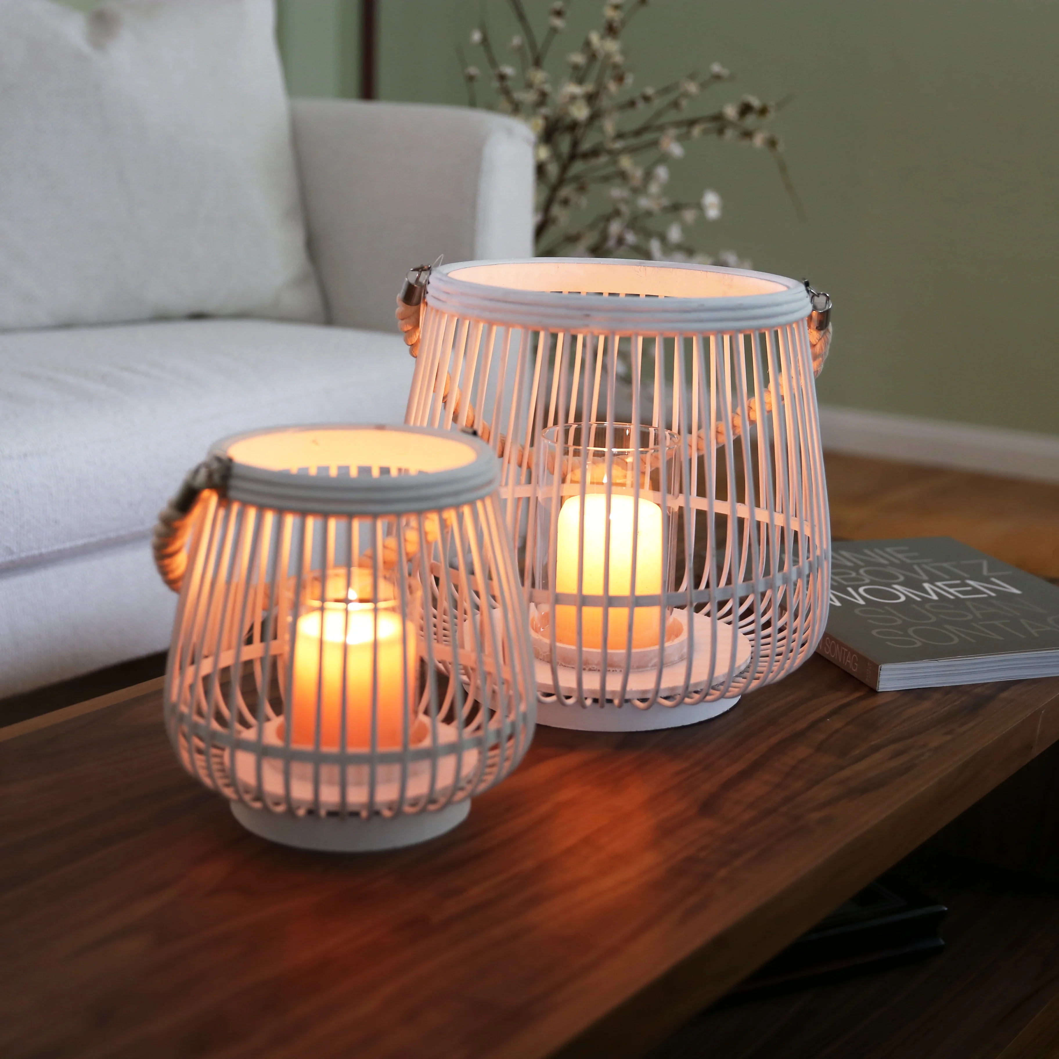 Saltoro Sherpi Bamboo Round Lantern with Rope Hangers, Set of Two, White | Walmart (US)