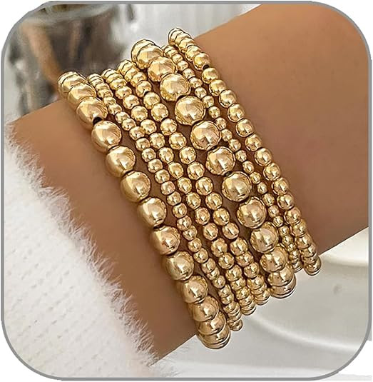 Gold Beaded Bracelets for Women 14K Gold Plated Stackable Bracelet Gold Bracelet Stack Delicate S... | Amazon (US)