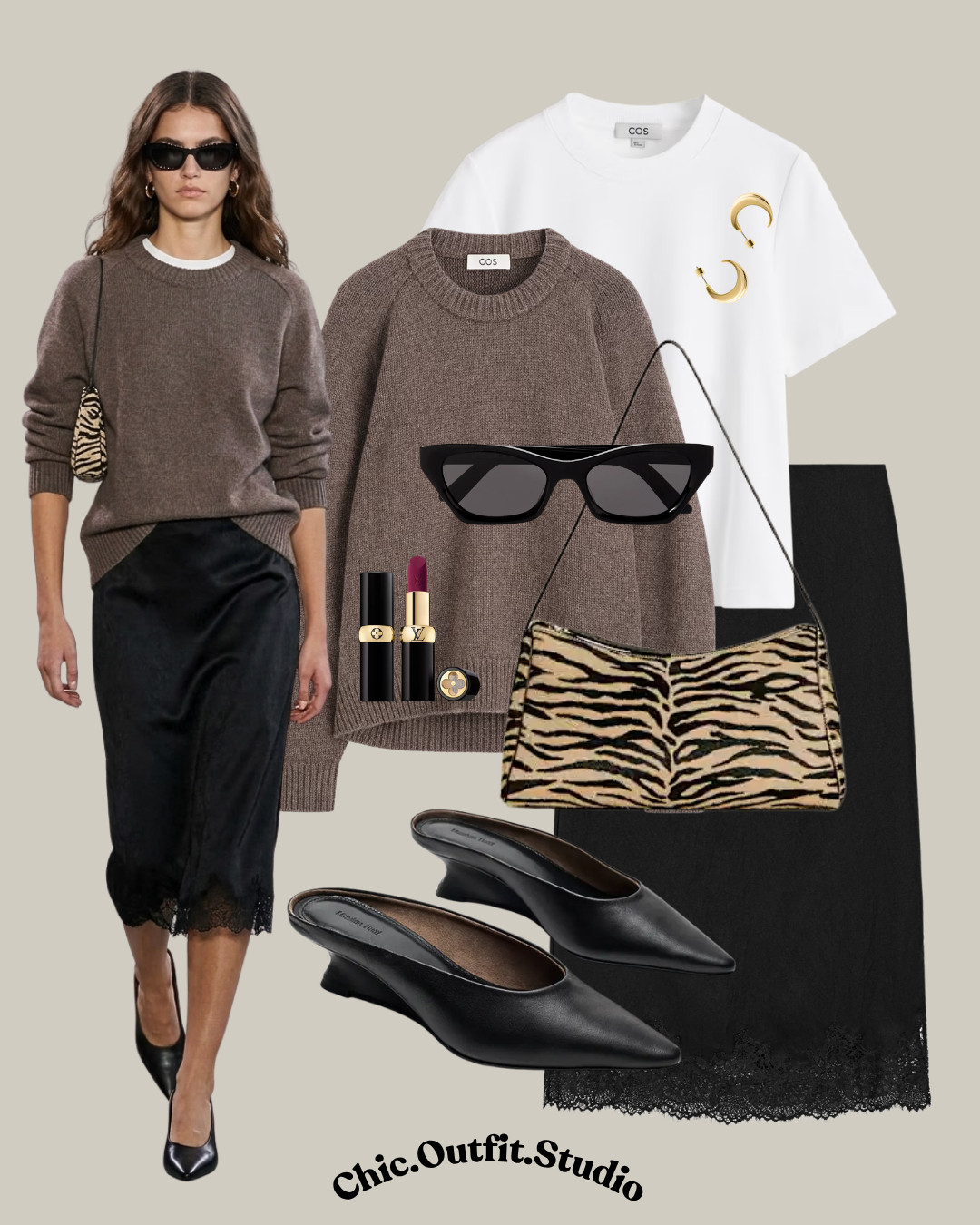 Mocha Knit & Satin Midi Skirt | Elegant Pre-Fall Evenings

✨A soft mocha knit sweater tucked into a black satin lace-trim midi skirt creates a beautifully balanced look that feels luxurious yet understated. Zebra accessories add a modern statement, while sculptural black heels keep the outfit sleek and feminine. 

✨Perfect for dinner dates, cocktail evenings, gallery openings, fashion events, or elegant city nights.

✨Tags: mocha sweater outfit, satin midi skirt outfit, black lace skirt outfit, brown and black outfit women, zebra print handbag outfit, sculptural heels outfit, elegant pre fall outfit, quiet luxury evening outfit, feminine minimalist style, chic date night outfit, elevated knitwear outfit, sophisticated fall fashion, luxury city outfit 

 #LTKootd #LTKSeasonal #LTKOver40