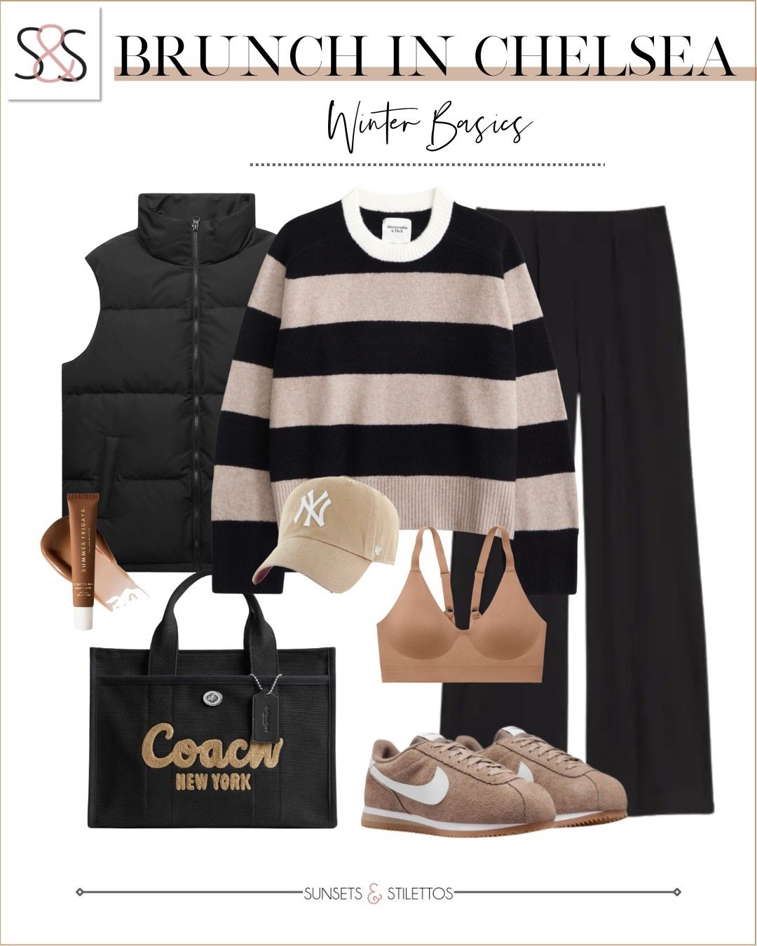 Winter brunch in Chelsea but make it comfortable. 

winter brunch outfit, brunch in Chelsea, New York winter style, black puffer vest outfit, striped sweater outfit, wide leg black trousers, neutral sneakers outfit, Yankees hat outfit, casual chic winter look

#LTKgrwm #LTKOver40 #LTKSeasonal