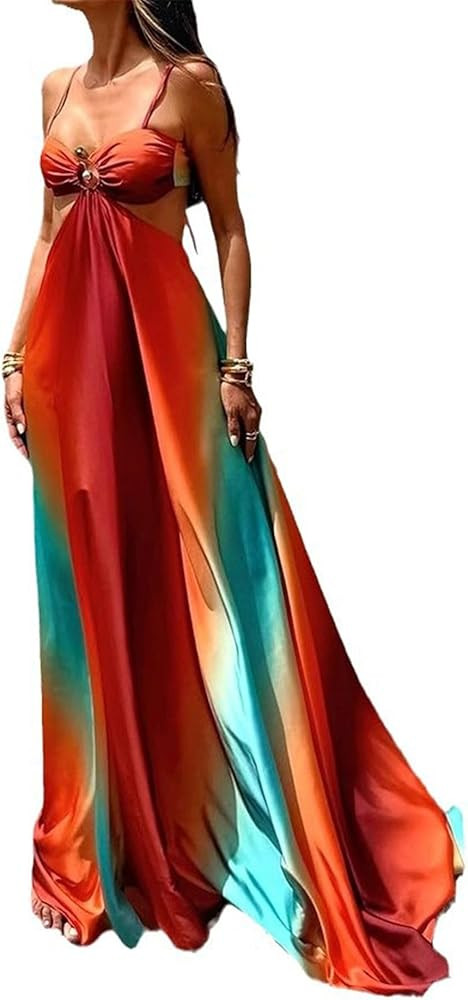 Womens Sexy Wrapped Chest Sleeveless Gradient Color Hollow Hem Dress Beach Dress Vacation Long Dr... | Amazon (US)