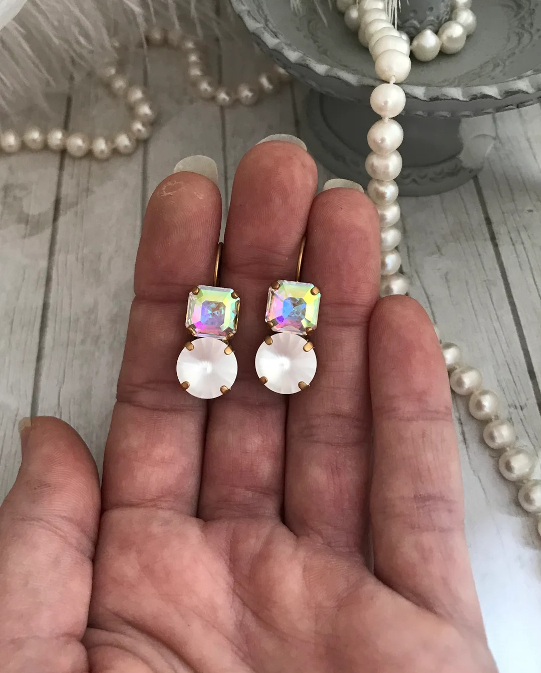 Iridescent and White Matte Crystal Drop Earrings Imperial Cut and Round Stone Dangle Earrings Cry... | Etsy (US)