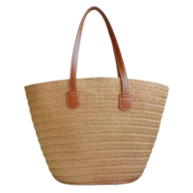 Straw Handbag Women's Summer Beach Bag Straw Large Basket Bags Women's Straw Bag with Leather Sho... | Walmart (US)