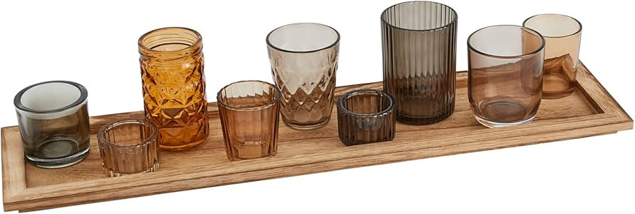 Creative Co-Op Wood Tray with 9 Brown Glass Votive Holders (Set of 10 Pieces) | Amazon (US)
