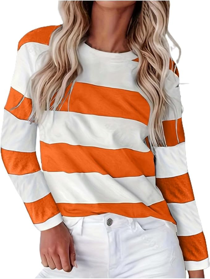 Color Block Striped Shirts for Women Oversized Fall Long Sleeve Sweatshirt 2024 Fashion Crewneck ... | Amazon (US)