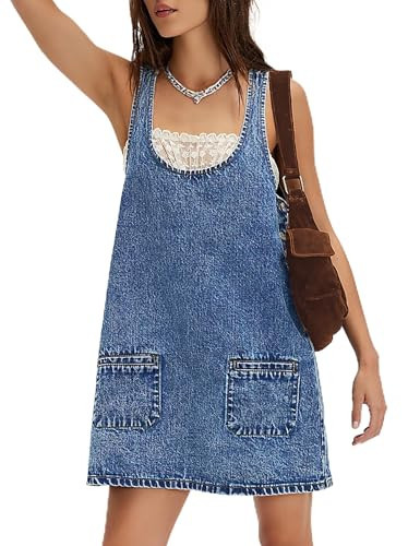 POLIRO Denim Overall Dress Jean Mini Sleeveless Western Tank Country Concert Romper Dresses with Pockets for Women 2025 Jumper Short Blue Cowgirl Size Large Size 12 14 | Amazon (US)