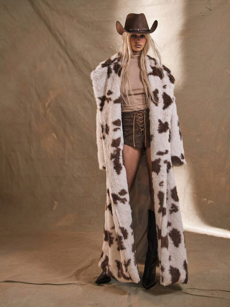 MUSERA WESTERN Fluffy Cow Print Longline Faux Fur Coat Festival Rave Crazy Holiday Western Cowgir... | SHEIN