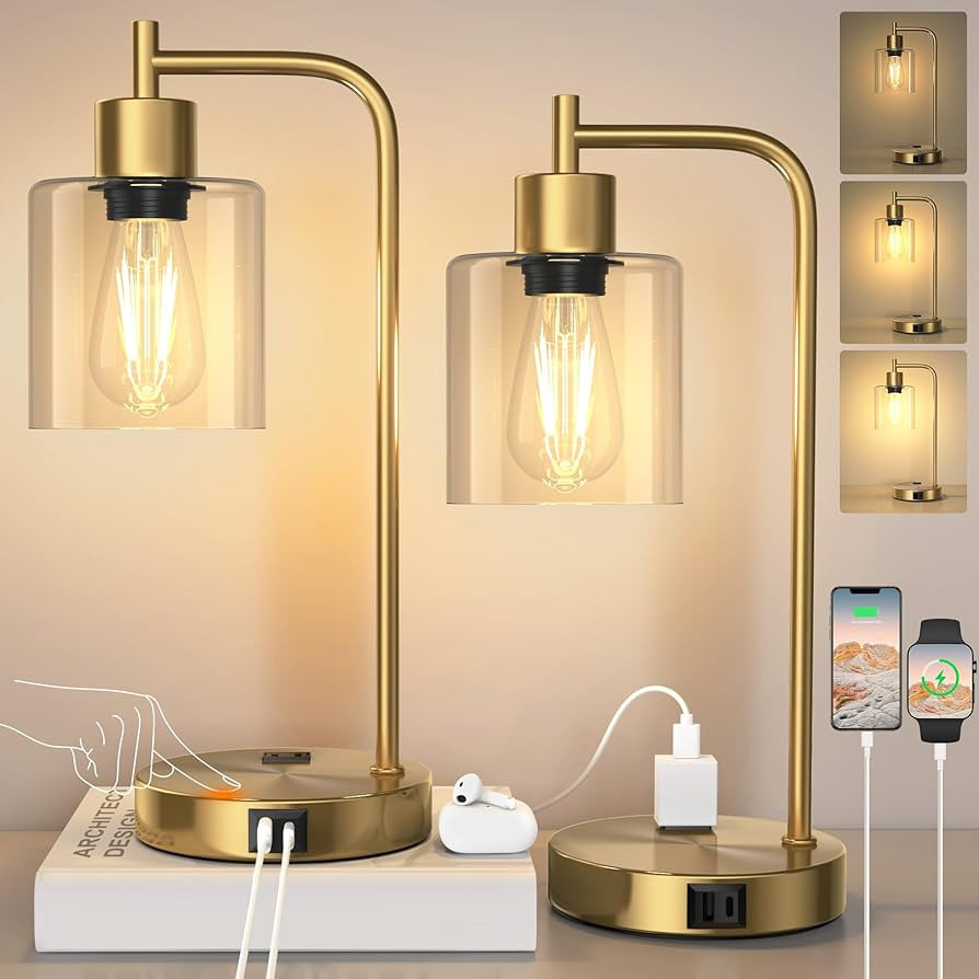 QiMH Set of 2 Industrial Touch Control Table Lamps with 2 USB Ports and 2 AC Outlets, 3-Way Dimma... | Amazon (US)