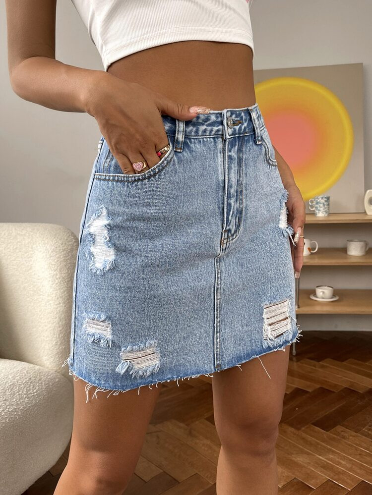 Ripped Raw Hem Denim Skirt | SHEIN
