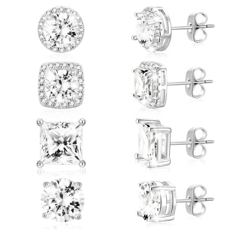 APSVO 4 Pairs 18K White Gold Plated Halo Stud Earrings for Women Men CZ Hypoallergenic S925 Sterl... | Walmart (US)