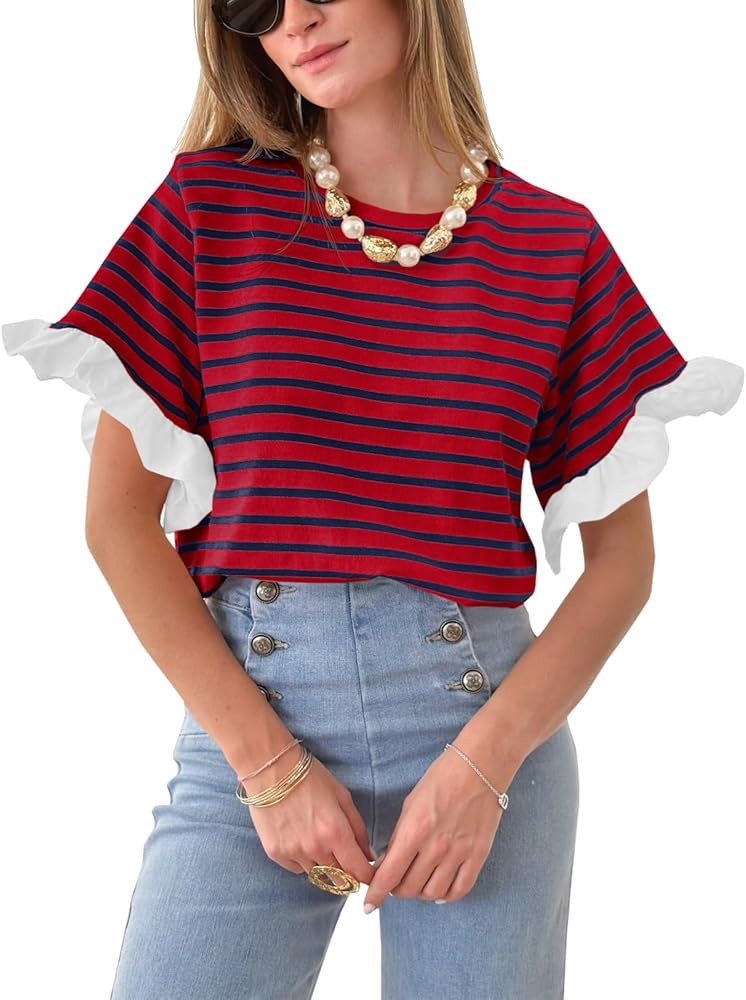 Tankaneo Women Striped Tops Ruffle Sleeve Casual Basic T Shirts Crewneck Short Sleeve Shirt Summe... | Amazon (US)