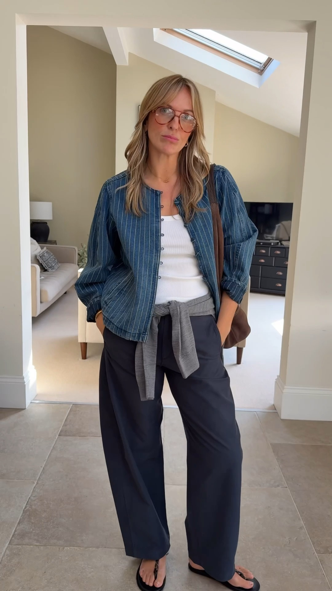 Something for the weekend , styling items many of you already have ( or similar ) 
I’m Generally starting an outfit with a white base layer and this one’s great . My preferred low scoop vest top in a cotton viscose , perfect length, great quality and £13 (medium) 
Paired with the jersey barrel trouser in grey ( more of a dusty navy) £35 (large, regular length) 
Extra fine merino sweater £35 (X large) 
And this beautiful textured denim jacket , it has top stitching throughout to create the stripes and a lovely curved sleeve. 
Adds interest and it’s super versatile - £40 (uk18- I sized up twice) 


#LTKuk #LTKtravel #LTKsummer
